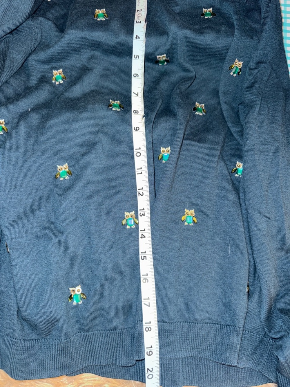 Talbots Blue Crewneck Sweater with rhinestone jewel owls, lightweight sz XL - Picture 12 of 12